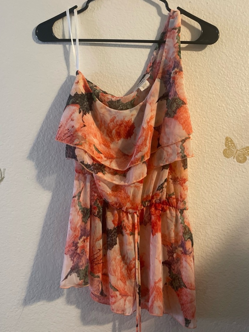 Misope Coral Floral Ruffle One-Shoulder Camisole